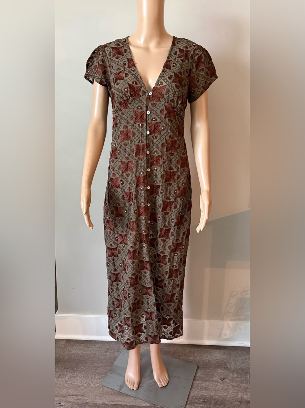 V-Neck Olive and Brown Floral Maxi Dress with Buttons